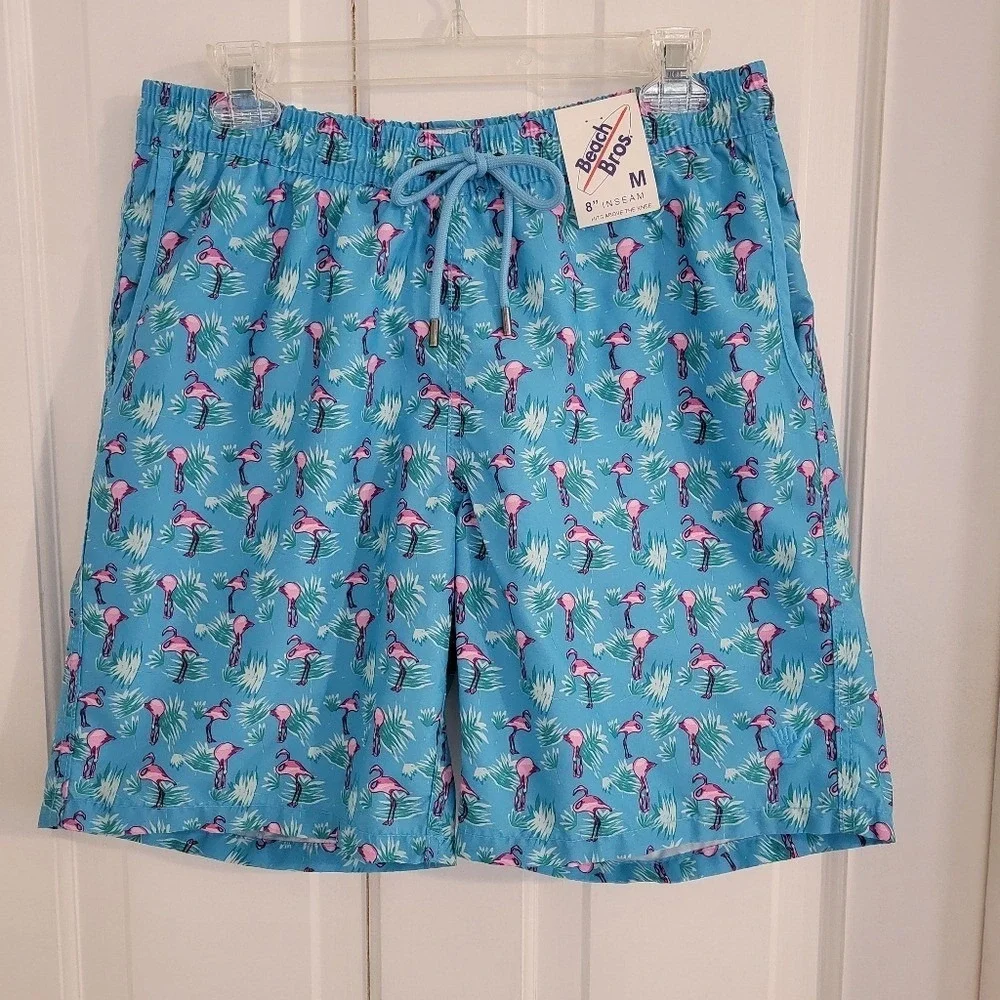 Beach Bros. Swim‎ Suit Trunks Men MEDIUM Flamingos Beach Resort Pool Surf Lined